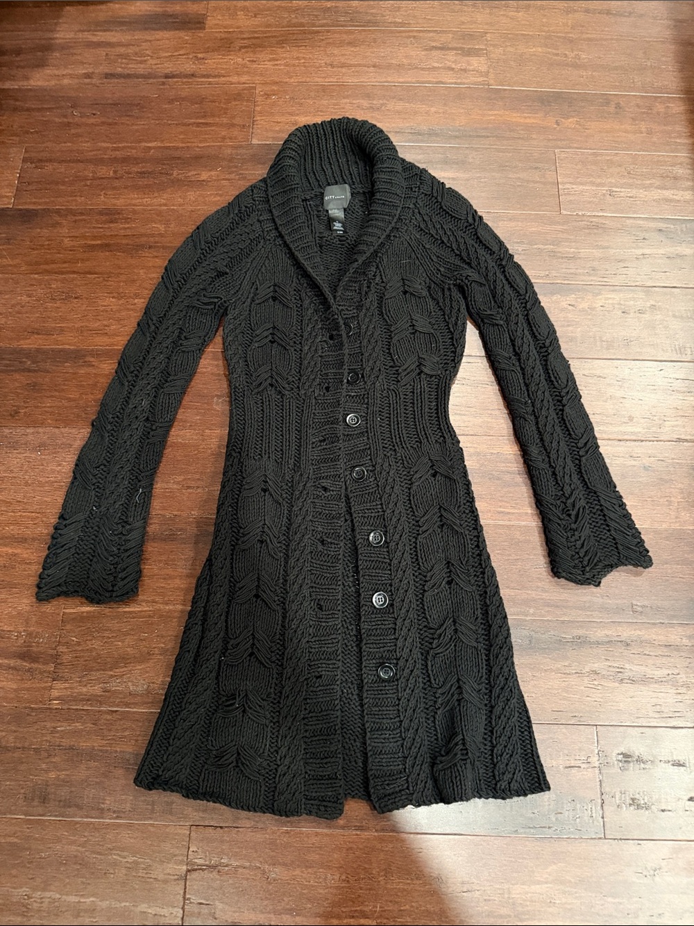 Black Cable-Knit Shawl Collar Long Sweater Coat